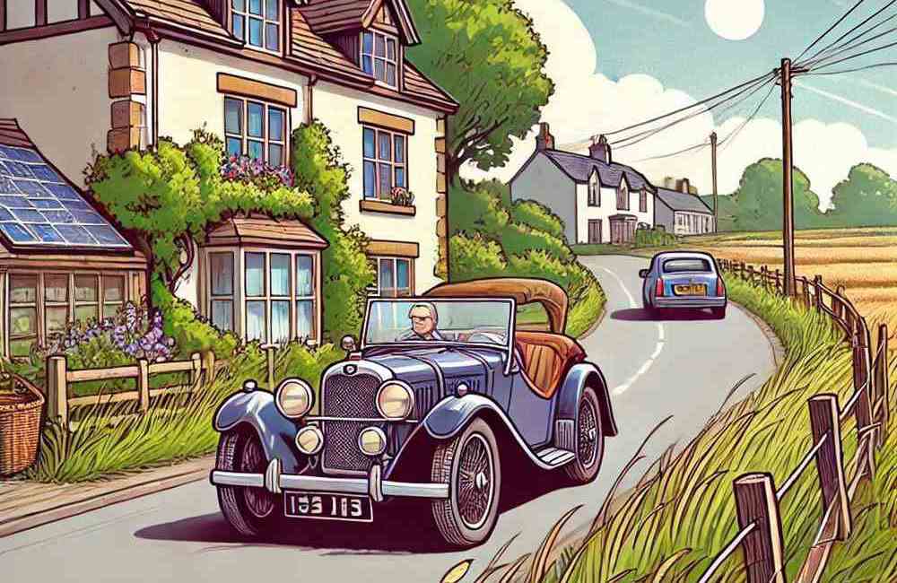 A blue car on a tranquil road with hills in the distance, perfect for finding low-cost plans