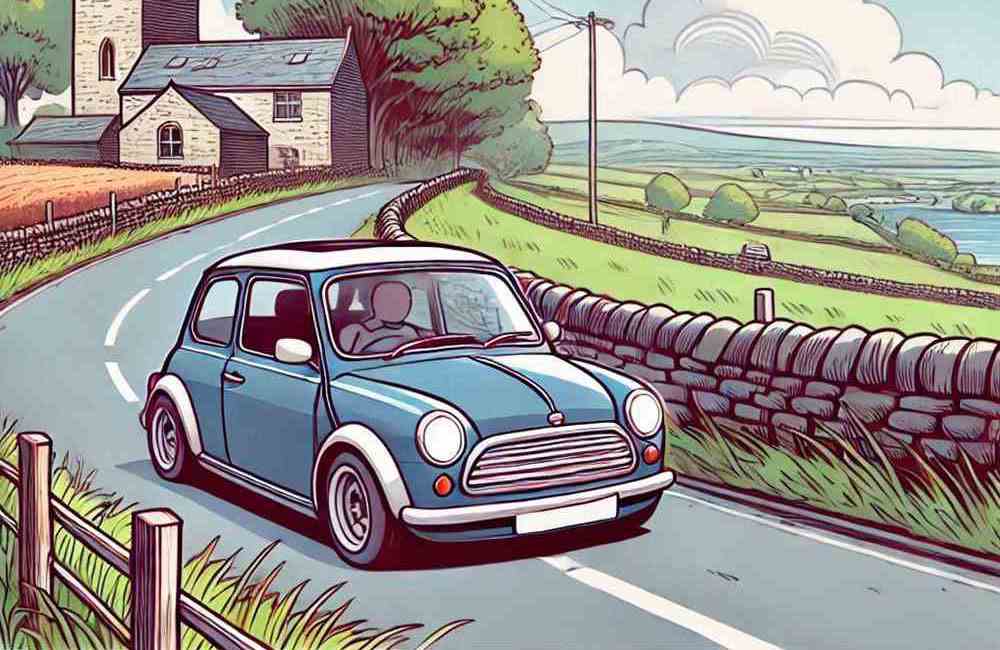 A red car on a farm track, ready to compare the best quotes for classic cars