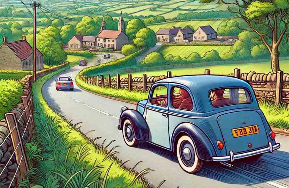 A sedan with visible number plates driving towards a bridge, searching for zero-excess cover